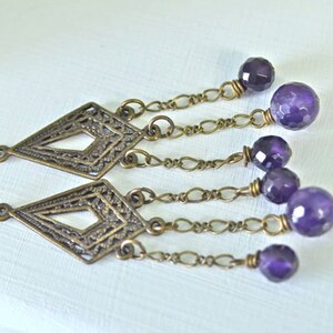 African Amethyst Chandelier Earrings Deep Purple Faceted Rounds with Antiqued Brass Metals Made in Maine image 2