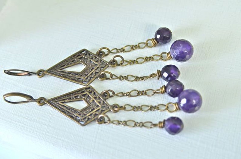 African Amethyst Chandelier Earrings Deep Purple Faceted Rounds with Antiqued Brass Metals Made in Maine image 2