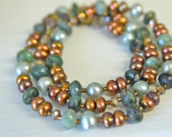 Natural Green Emerald Necklace with Chocolate and Root Beer Freshwater Pearls and Crystals . Handmade in Maine . MAY