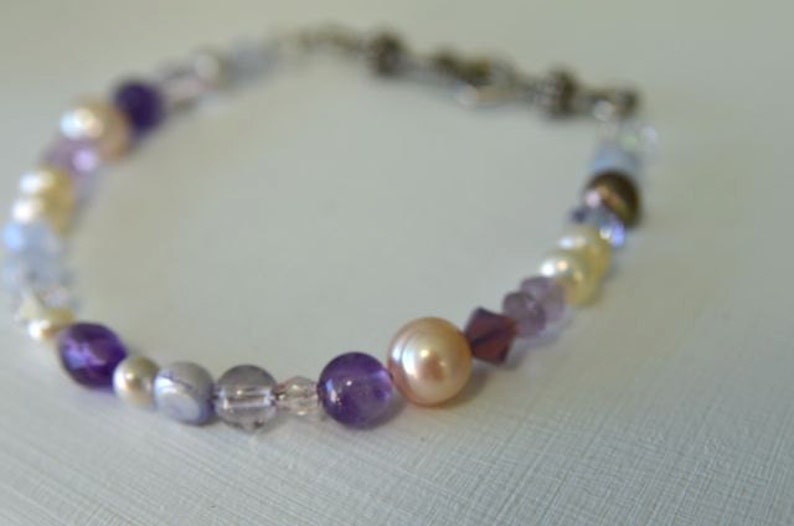 Violet Purple Amethyst Bracelet with Lilac Pearls, Lavender Agate and Swarovski Crystals . Plus Size at 9 inches Long . Handmade in Maine image 4