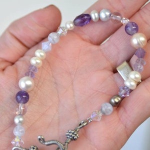 Violet Purple Amethyst Bracelet with Lilac Pearls, Lavender Agate and Swarovski Crystals . Plus Size at 9 inches Long . Handmade in Maine image 3
