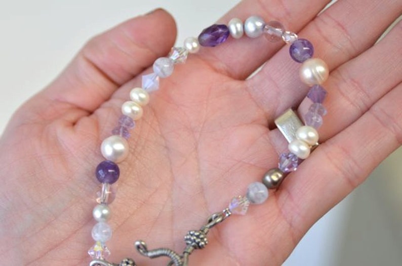 Violet Purple Amethyst Bracelet with Lilac Pearls, Lavender Agate and Swarovski Crystals . Plus Size at 9 inches Long . Handmade in Maine image 3