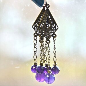 African Amethyst Chandelier Earrings Deep Purple Faceted Rounds with Antiqued Brass Metals Made in Maine image 1