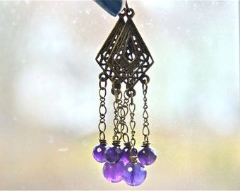 African Amethyst Chandelier Earrings Deep Purple Faceted Rounds with Antiqued Brass Metals - Made in Maine