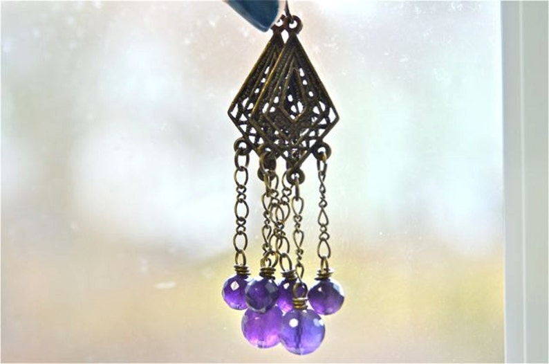 African Amethyst Chandelier Earrings Deep Purple Faceted Rounds with Antiqued Brass Metals Made in Maine image 1