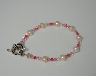 Pink Pearl Bracelet with Crystals Handmade in Maine "cupids arrow"