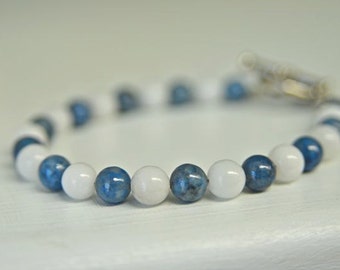 Snow Quartz And Blue Lapis Bracelet with Natural Gemstones - Handmade in Maine