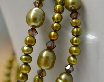 Olive Green Freshwater Pearl and Crystal Necklace and Bracelet SET Handmade in Maine