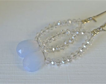 Long Periwinkle Chalcedony Earrings with Silver Shade Crystals Natural Color German Chalcedony