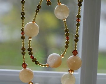 Golden Quartz Necklace and Bracelet SET with Rust, Brown, Green and Topaz Crystals and Pearls Handmade in Maine