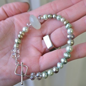 Pale Sea Foam Green Natural Chalcedony Bracelet With Dark and Light