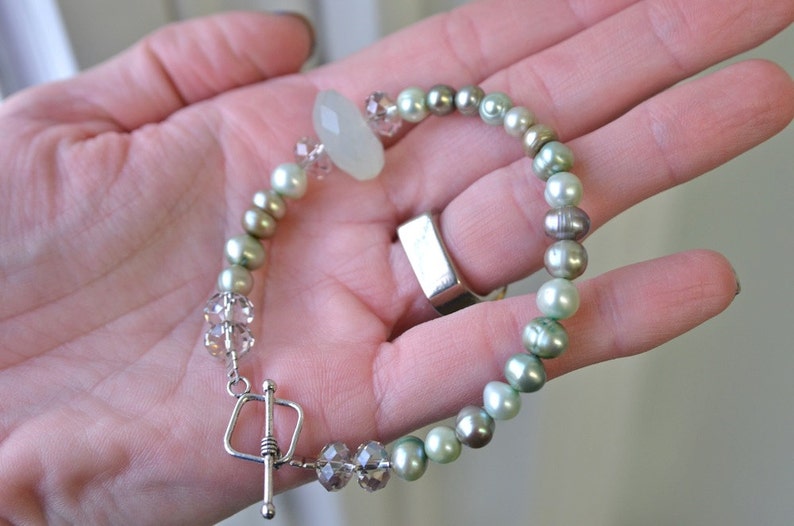 Pale Sea Foam Green Natural Chalcedony Bracelet With Dark and - Etsy