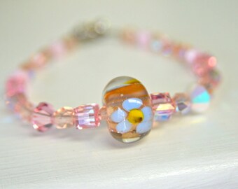 Pink Crystal and Handmade Glass Bead Bracelet - Valentines Day