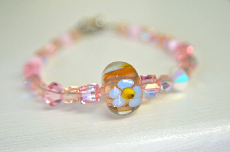 Pink Crystal and Handmade Glass Bead Bracelet Valentines Day image 1