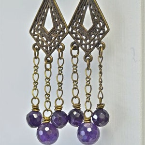 African Amethyst Chandelier Earrings Deep Purple Faceted Rounds with Antiqued Brass Metals Made in Maine image 3