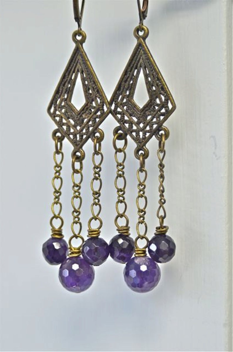 African Amethyst Chandelier Earrings Deep Purple Faceted Rounds with Antiqued Brass Metals Made in Maine image 3