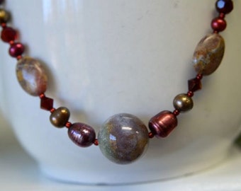 Black Cherry Pearl Necklace and Earring SET with Ocean Jasper and Crystals Handmade from North Atlantic Art Studio in Maine