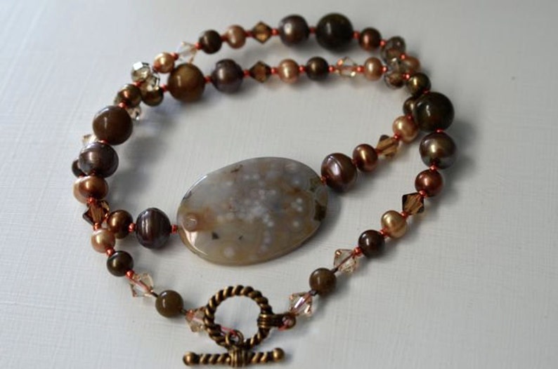 Large Ocean Jasper Necklace Pearl Necklace Orange Necklace Brown Tan Gold image 3