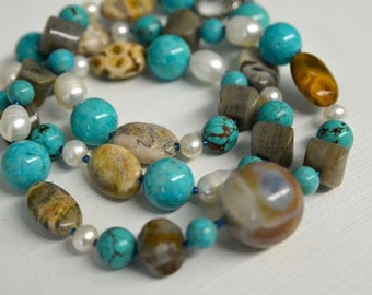 Natural Gemstone Necklace and Earring SET with Turquoise, Ocean Jasper, River Stone, Blue Pearls and Crystals . Handmade in Maine