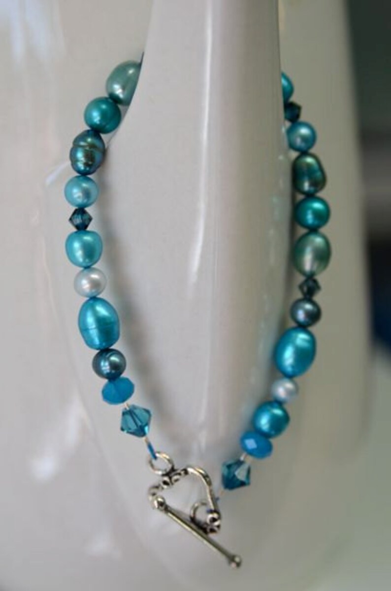Turquoise Pearl and Crystal Bracelet . Winter Sun Collection from North Atlantic Art Studio in Maine image 1