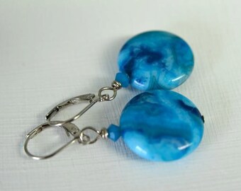 Turquoise Blue Agate Earrings - Gemstone Dangle Earrings