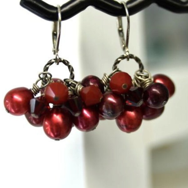 Dark Red Pearl Earrings with Scarlet and Black Cherry Crystals in Rhodium from North Atlantic Art Studio in Maine