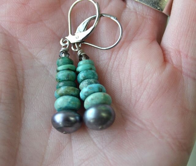 Turquoise Earrings With Freshwater Pearls and Rhodium - Etsy