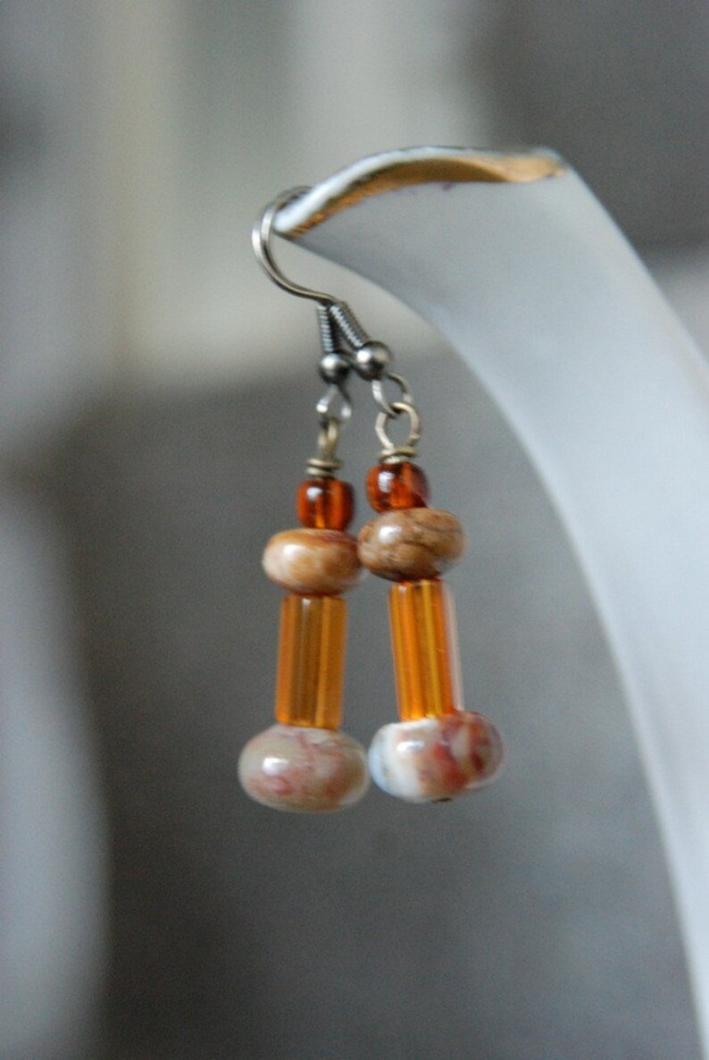 Ocean Jasper Earrings Golden Glass Beads Gemstone Earrings image 1