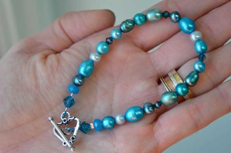 Turquoise Pearl and Crystal Bracelet . Winter Sun Collection from North Atlantic Art Studio in Maine image 4