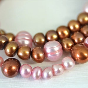 Chocolate Pearl and Carnation Pink Pearl Necklace SET made with Freshwater Pearls in Contrasting Order . Handmade in Maine image 3