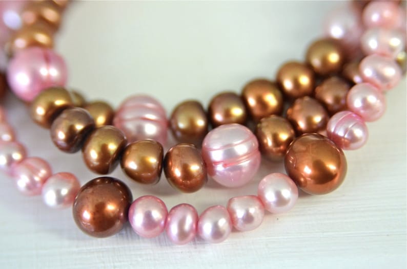 Chocolate Pearl and Carnation Pink Pearl Necklace SET made with Freshwater Pearls in Contrasting Order . Handmade in Maine image 3