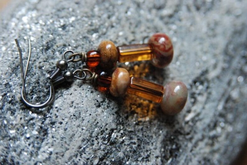 Ocean Jasper Earrings Golden Glass Beads Gemstone Earrings image 2