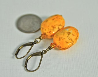 Tangerine Orange Stone Earrings made with Magnesite and Swarovski Crystals . Handmade in Maine