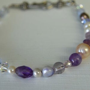 Violet Purple Amethyst Bracelet with Lilac Pearls, Lavender Agate and Swarovski Crystals . Plus Size at 9 inches Long . Handmade in Maine image 1