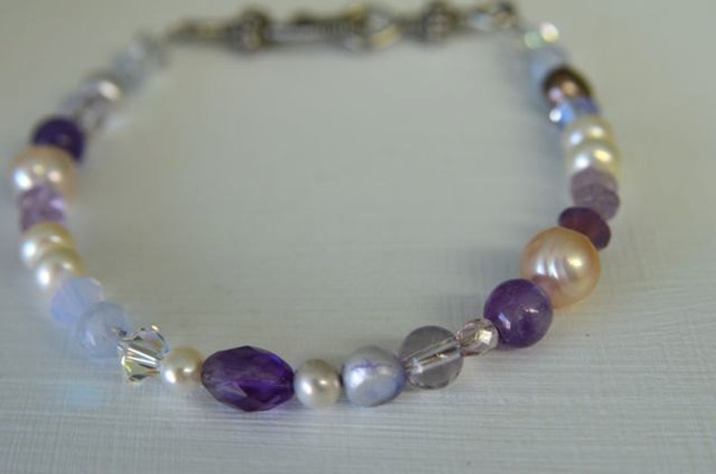 Violet Purple Amethyst Bracelet with Lilac Pearls, Lavender Agate and Swarovski Crystals . Plus Size at 9 inches Long . Handmade in Maine image 1