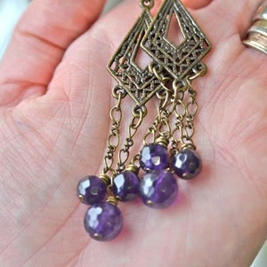 African Amethyst Chandelier Earrings Deep Purple Faceted Rounds with Antiqued Brass Metals Made in Maine image 5