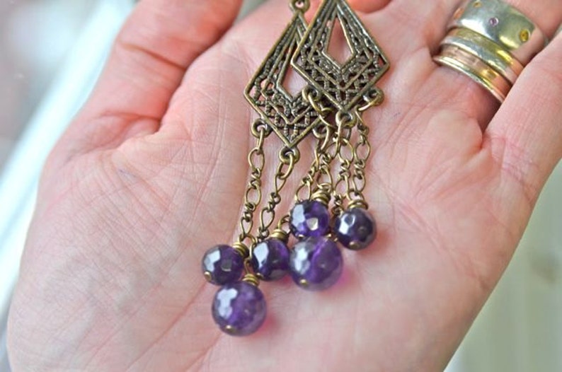 African Amethyst Chandelier Earrings Deep Purple Faceted Rounds with Antiqued Brass Metals Made in Maine image 5