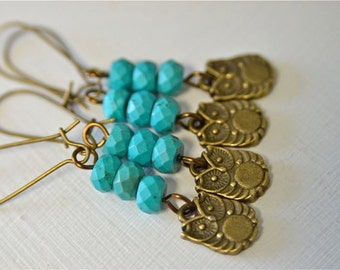 Teal Chinese Turquoise Earrings with Brass Owls . Teal Owl Earrings . Bridal Party Jewelry . Handmade in Maine