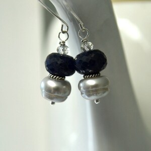 Blue Earrings Sapphire Earrings Grey Pearl Earrings Precious Gemstone Earrings Sterling Silver Ready to Ship image 4