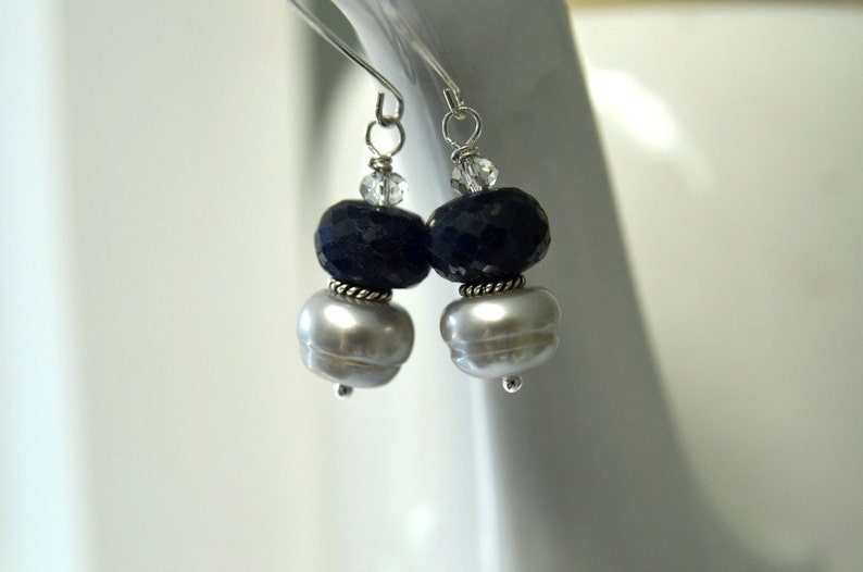 Blue Earrings Sapphire Earrings Grey Pearl Earrings Precious Gemstone Earrings Sterling Silver Ready to Ship image 4