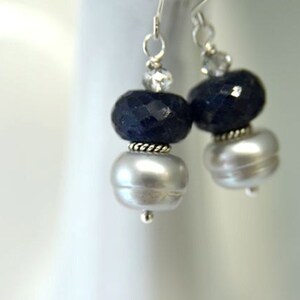 Blue Earrings Sapphire Earrings Grey Pearl Earrings Precious Gemstone Earrings Sterling Silver Ready to Ship image 5