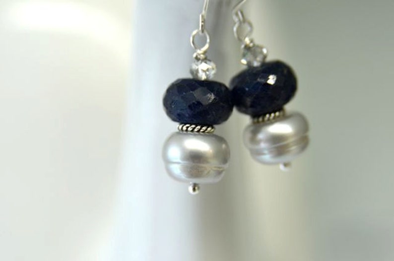 Blue Earrings Sapphire Earrings Grey Pearl Earrings Precious Gemstone Earrings Sterling Silver Ready to Ship image 5