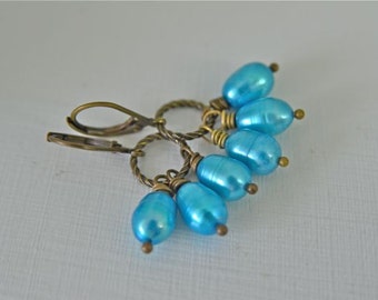 Turquoise Pearl Earrings - Aqua Blue Dangle Earrings with Antiqued Brass Leverback Earwires