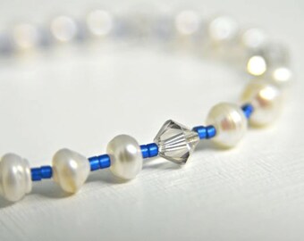 White Pearl Bracelet with Sapphire Blue Seed Beads and Sterling Silver from North Atlantic Art Studio Handmade in Maine