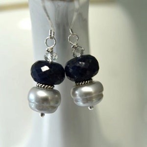 Blue Earrings Sapphire Earrings Grey Pearl Earrings Precious Gemstone Earrings Sterling Silver Ready to Ship image 1