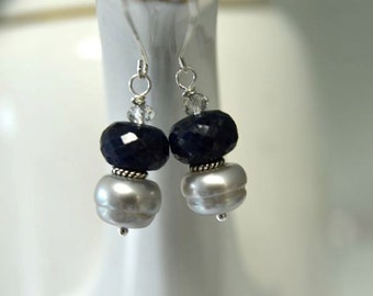 Blue Earrings  Sapphire Earrings Grey Pearl Earrings Precious Gemstone Earrings Sterling Silver Ready to Ship