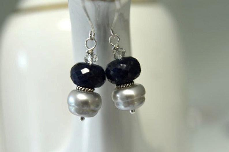 Blue Earrings Sapphire Earrings Grey Pearl Earrings Precious Gemstone Earrings Sterling Silver Ready to Ship image 1