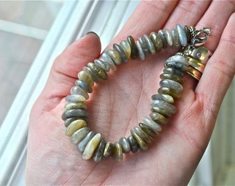 Men's Labradorite Bracelet with Stainless Steel Clasp and Blue Flash from North Atlantic Art Studio in Maine