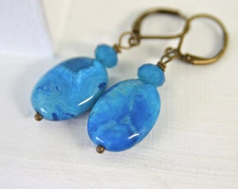 Turquoise Stone and Crystal Earrings made with Agate and Swarovski Crystals, Beachy Ocean Earrings