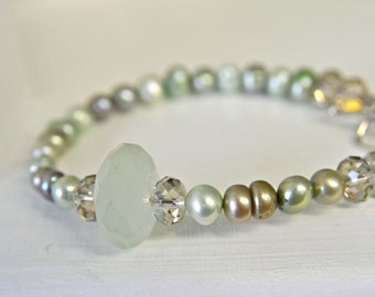 Pale Sea Foam Green Natural Chalcedony Bracelet with Dark and Light Green Freshwater Pearls and Swarovski Crystals